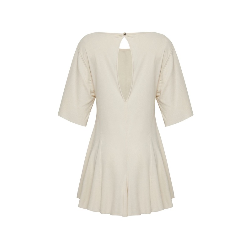 Women's Beige Geblmt Three-Quarter Sleeve Beachwear Oversize Jumpsuit