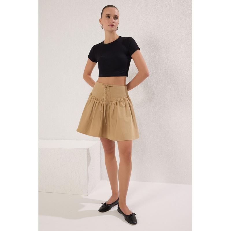 Women's Beige Straight Mini Flared Skirt