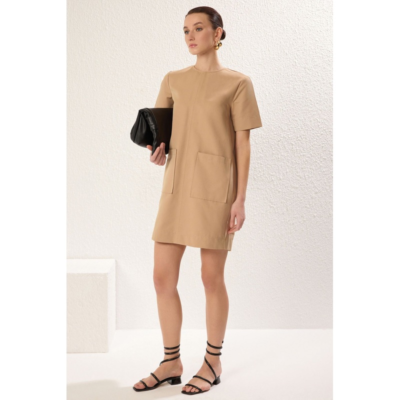 Women's Brown Plain Mini Short Casual Regular Dress