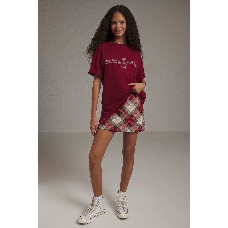 Women's Burgundy Printed Short Oversized T-Shirt