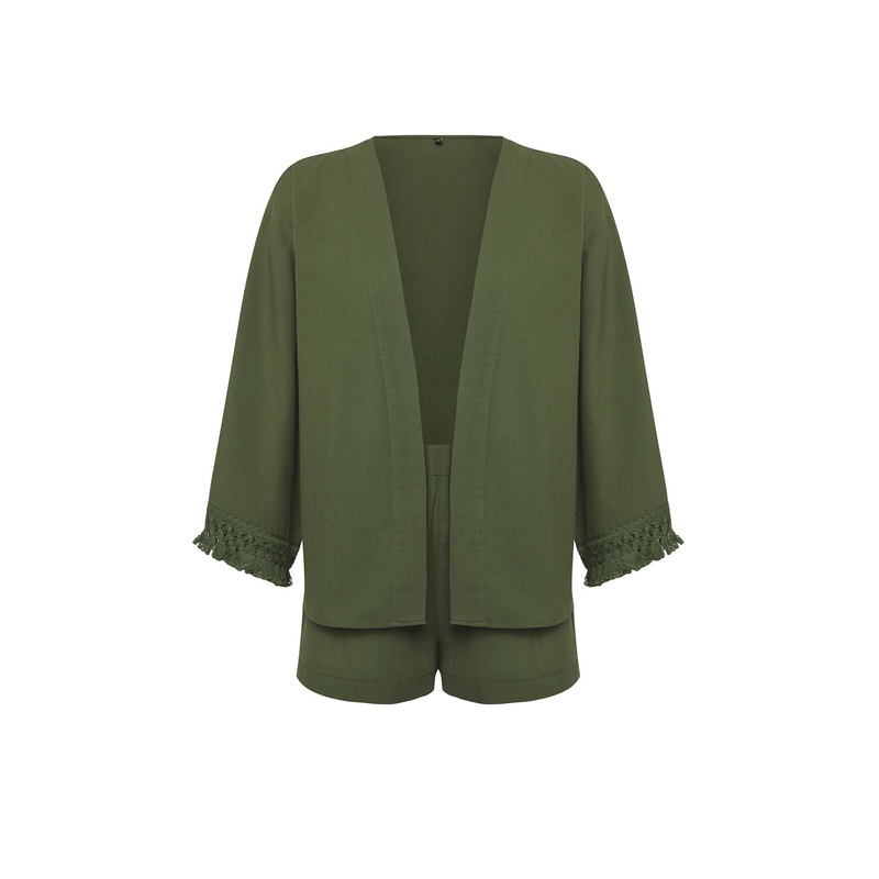 Women's Khaki Plain Three-Quarter Sleeve Beachwear Oversize Two Piece Sets