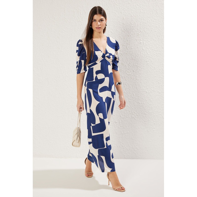 Women's Navy Blue Geometric Midi Short Casual Regular Dress