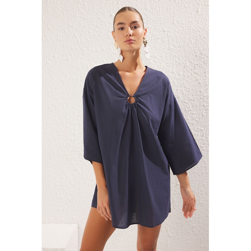 Women's Navy Blue Plain Midi Spaghetti Strap Beachwear Fitted Dress