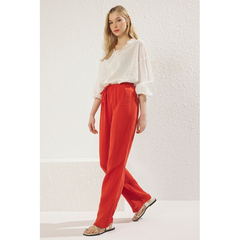 Women's Red Plain High Waist Pants