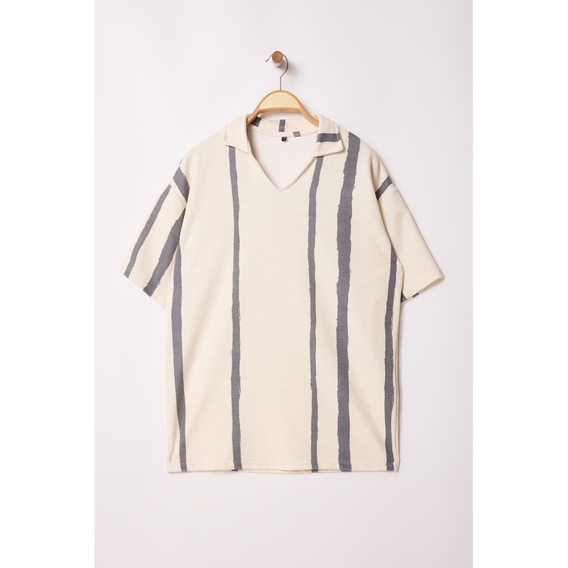 Man Men's Beige Striped Short Oversized Polo Neck T-Shirt