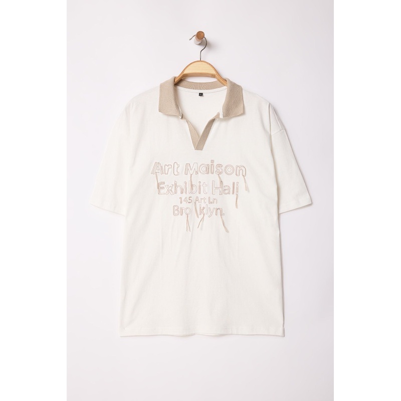 Man Men's Ecru Slogan Short Regular Polo Neck T-Shirt