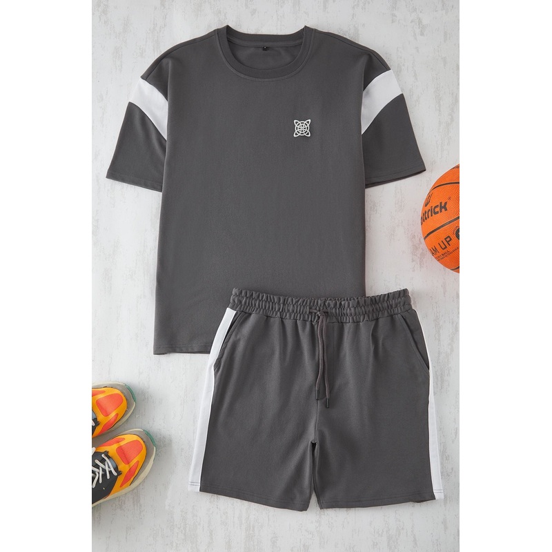 Man Men's Grey Geometric Short Casual/daily Oversized Tracksuit Set