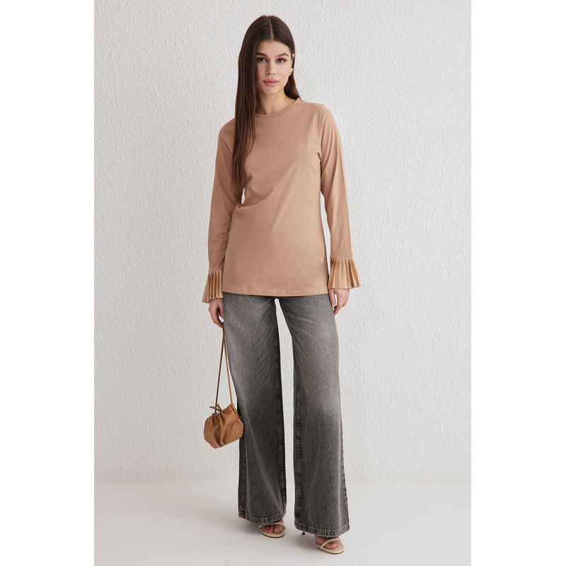 Modest Women's Beige Plain Long Regular Modest Tunics