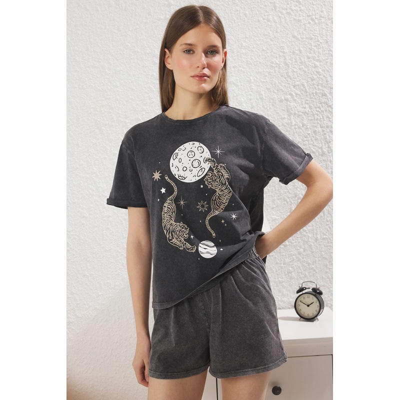 Women's 2 Pack Grey Galaxy Short Lounge/home Regular Pajama Set