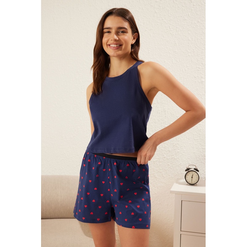 Women's 2 Pack Navy Blue Heart Spaghetti Strap Loungewear Regular Pajama Set