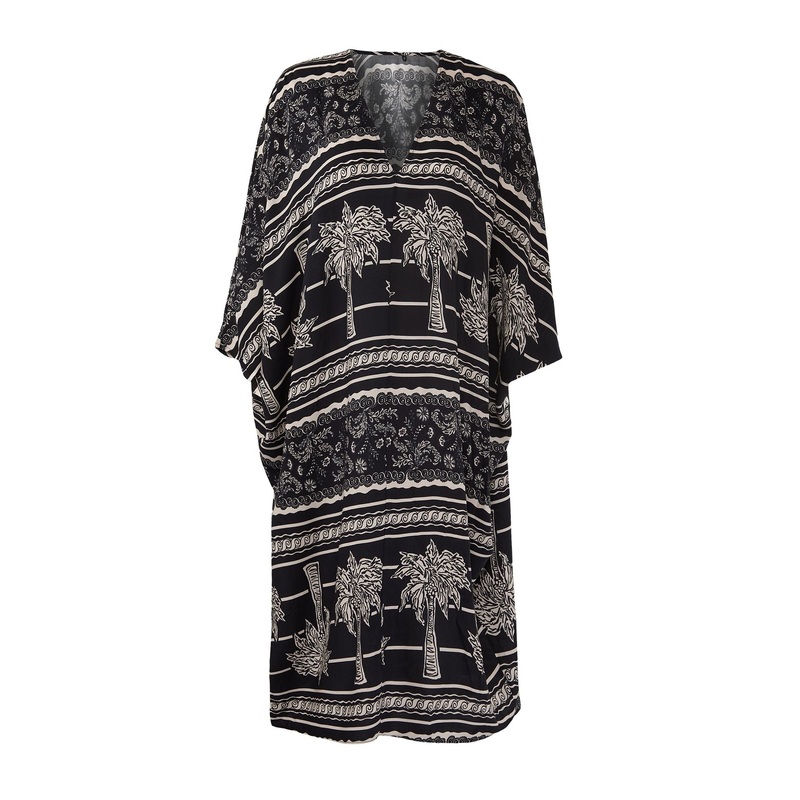 Women's Black Printed Midi Spaghetti Strap Beachwear Oversize Dress