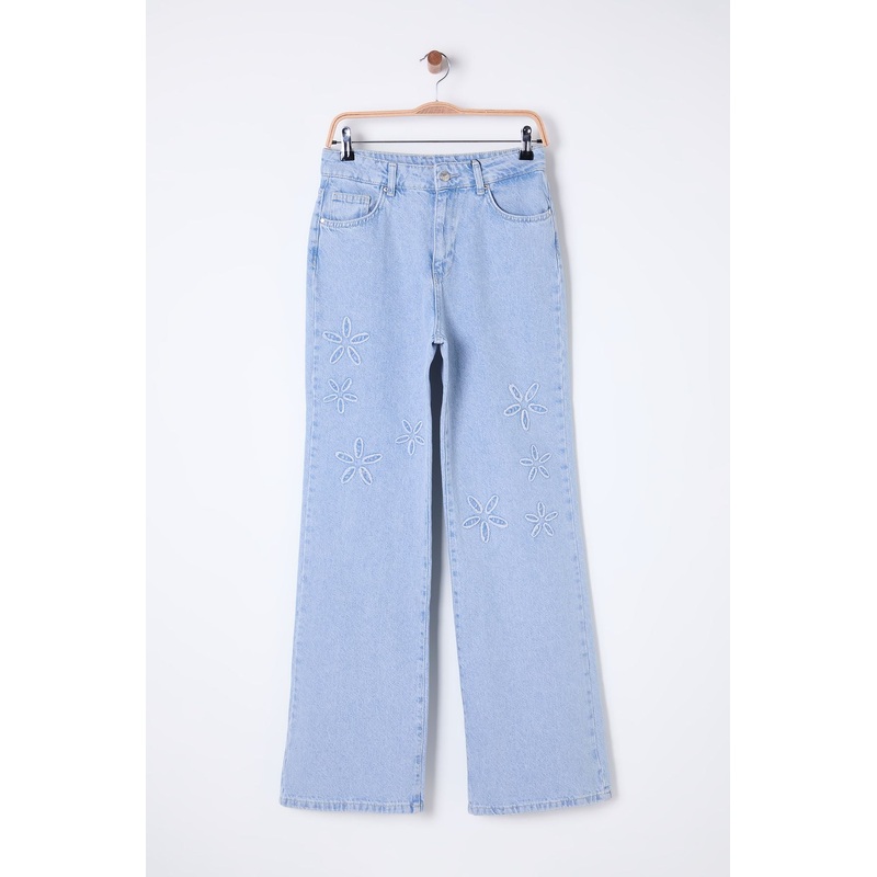 Women's Blue Flowering Wide Leg High Waist Jeans