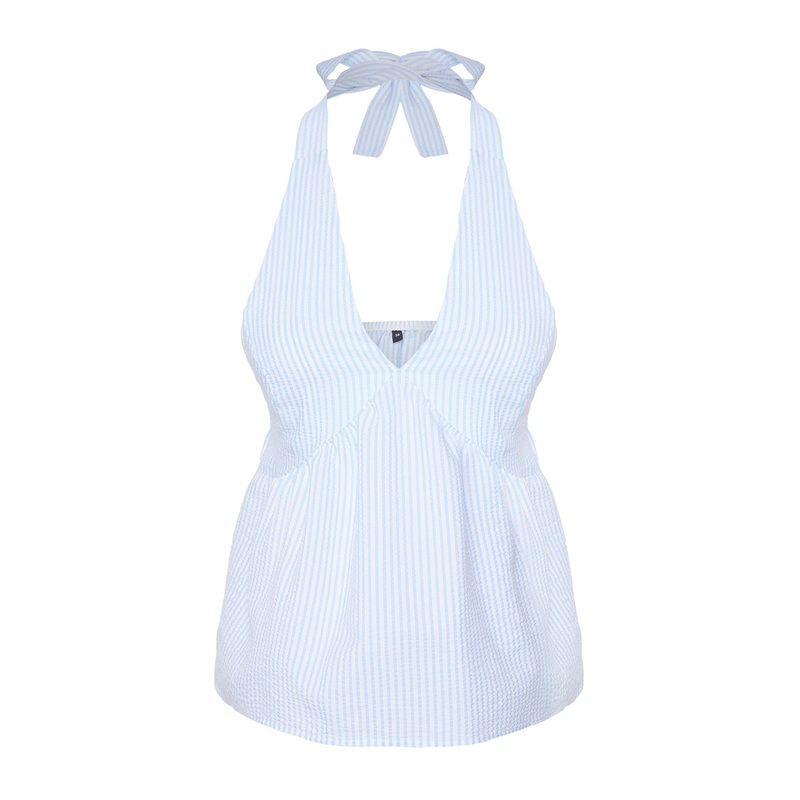 Women's Blue Plaid Spaghetti Strap Slim Fit Blouse