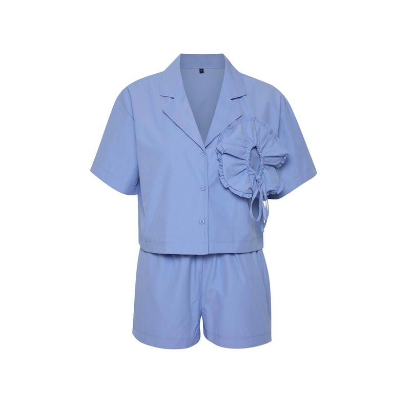 Women's Blue Straight Short Beachwear Regular Top - Bottom Team