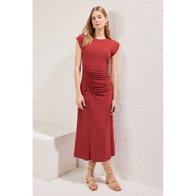 Women's Burgundy Straight Maxi Short Day And Night Slim Dress