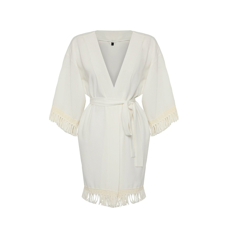 Women's Ecru Plain Three-Quarter Sleeve Regular Kimono & Kaftan