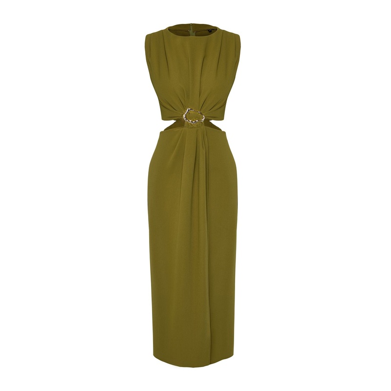 Women's Green Straight Midi Sleeveless Day And Night Regular Dress