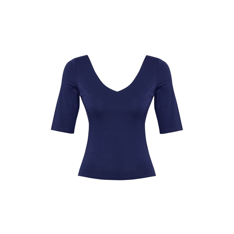 Women's Navy Blue Plain Three-Quarter Sleeve Slim Blouse
