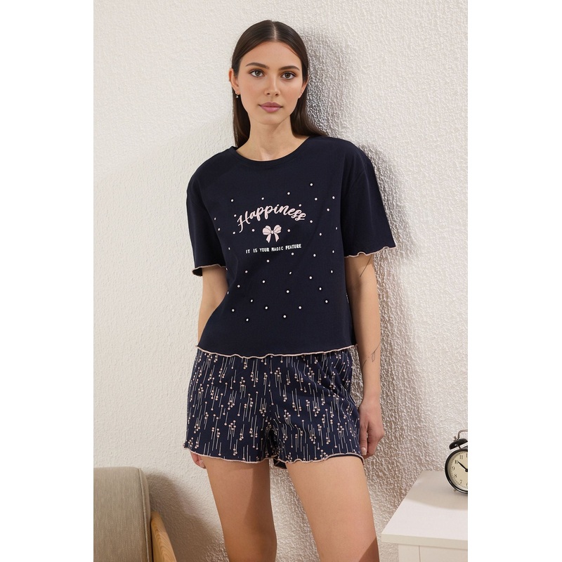 Women's Navy Blue Printed Short Lounge/home Regular Pajama Set