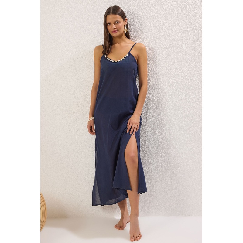 Women's Navy Blue Straight Maxi Hanging Beachwear Fitted Dress