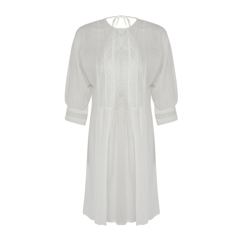 Women's White Plain Midi Short Beachwear Regular Dress