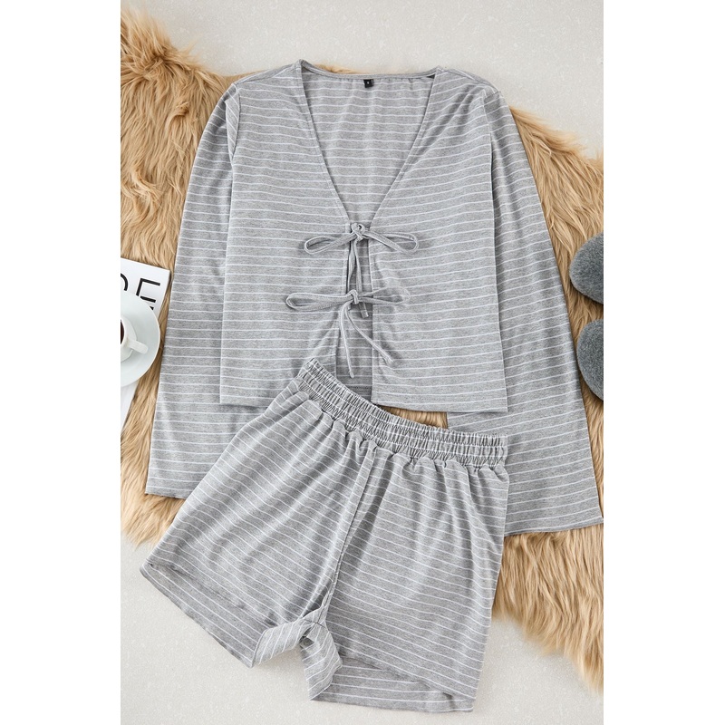 Women's Grey Striped Long Lounge/home Regular Pajama Set