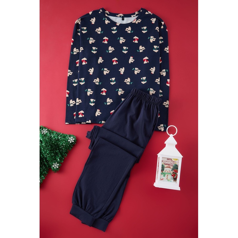 Women's Navy Blue New Year Long Loungewear Regular Pajama Set
