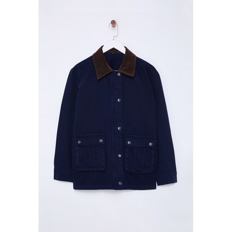 Women's Navy Blue Straight Long Oversized Jacket