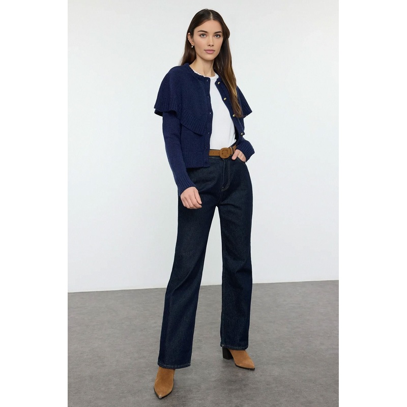 Women's Navy Blue Straight Long Regular Cardigan
