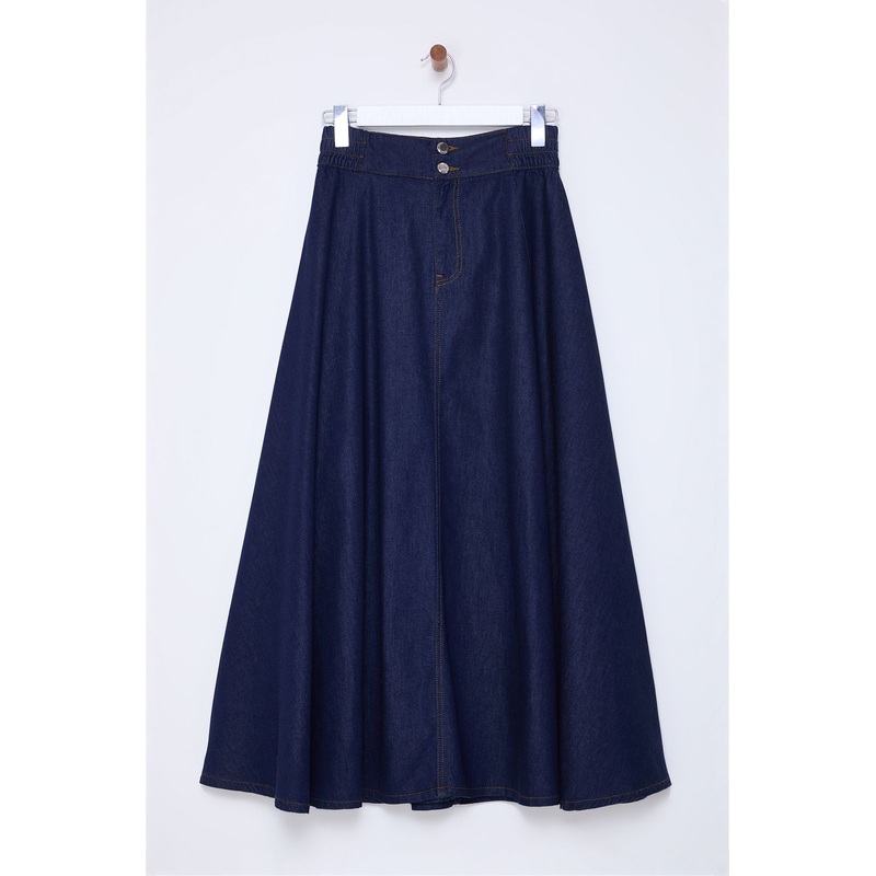 Women's Navy Blue Straight Midi Balloon Balloon Skirt
