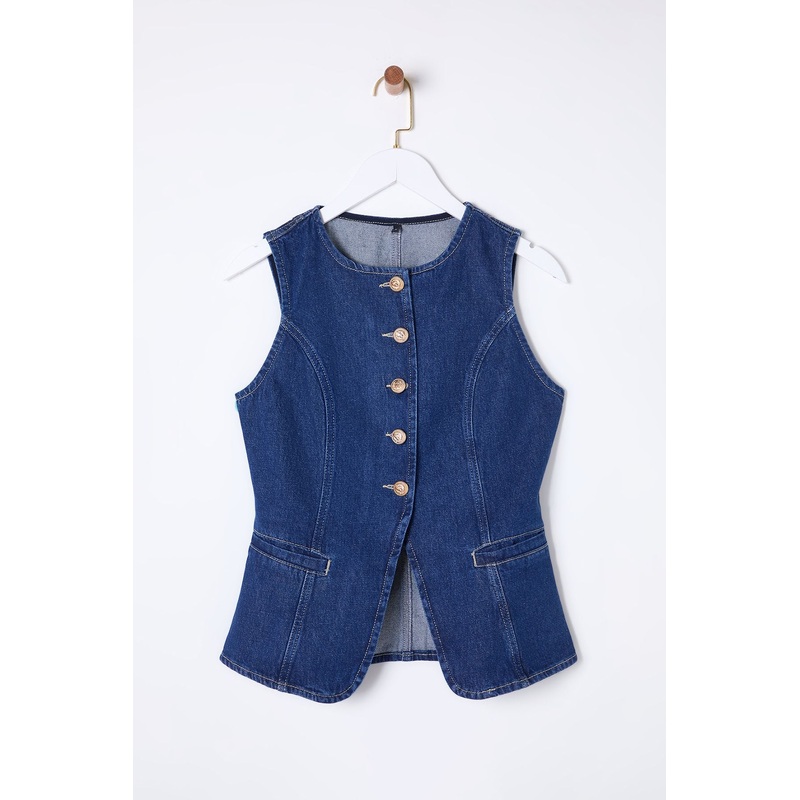Women's Navy Blue Straight Sleeveless Fitted Waistcoat