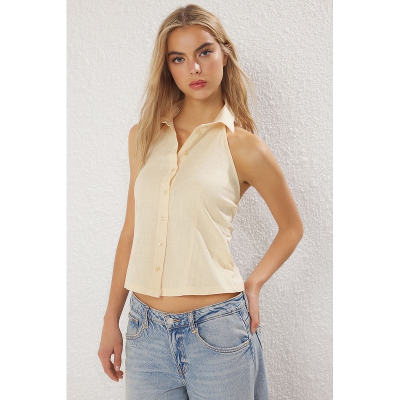 Women's Navy Blue Straight Sleeveless Regular Shirt