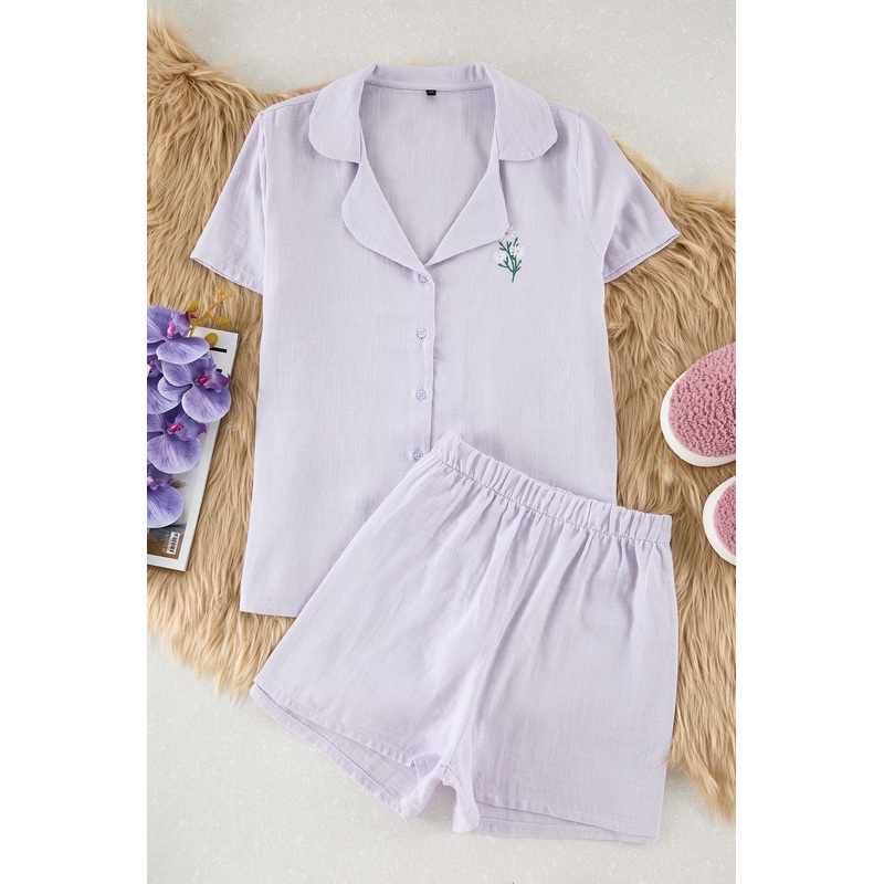 Women's Purple Flowering Short Lounge/home Regular Pajama Set