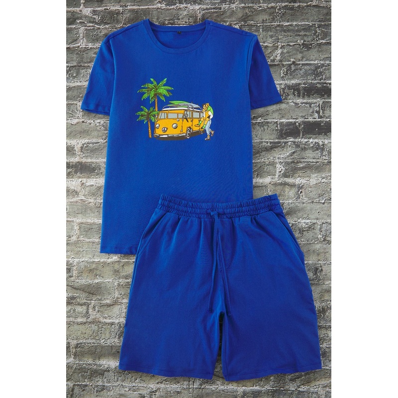 Man Men's Navy Blue Printed Short Lounge/home Regular Pajama Set