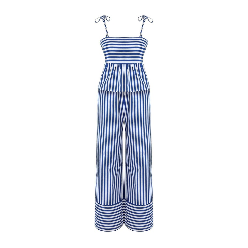 Women's White Striped Spaghetti Strap Beachwear Fitted Two Piece Sets