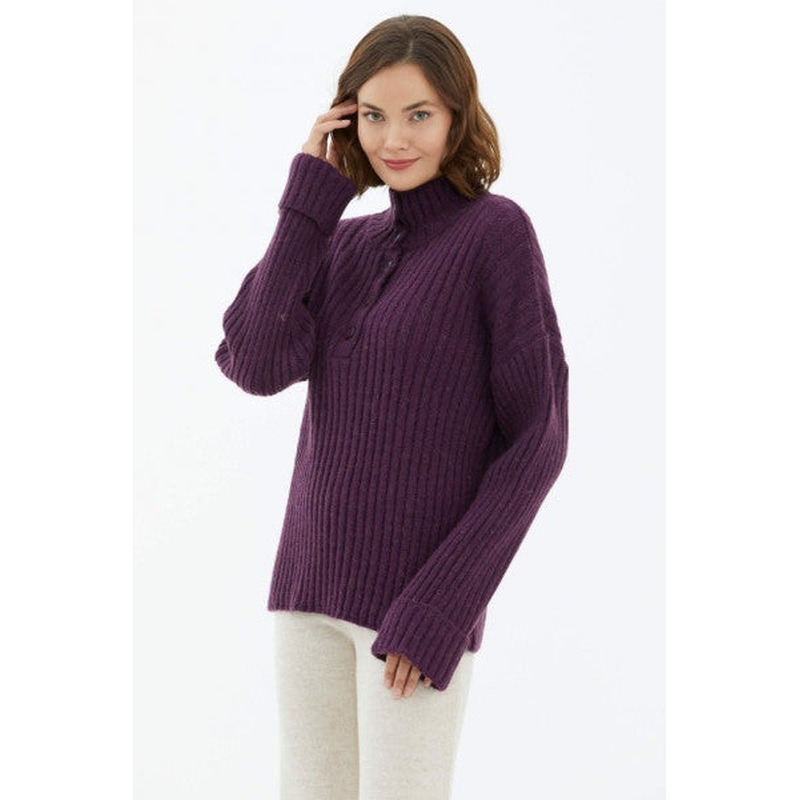 Half Turtleneck Buttoned Sweater - Purple