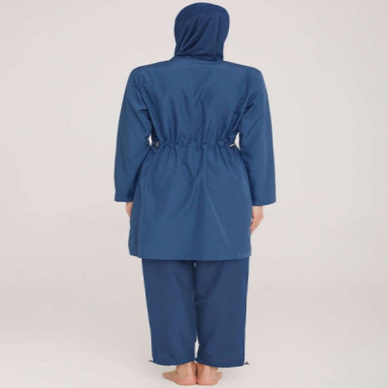 Metal Embroidered Zippered Hijab Swimsuit Light Navy Blue