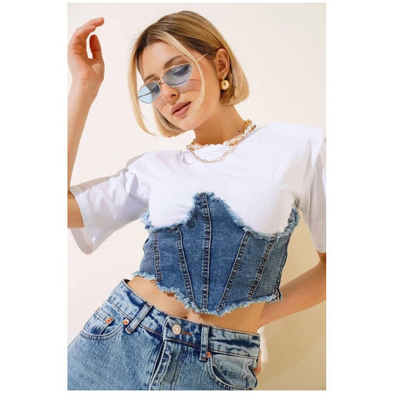 Denim Garnished Padded T-Shirt White