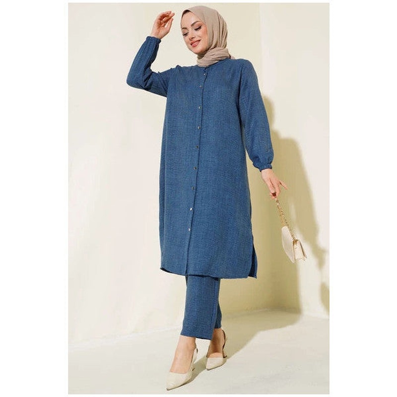 Double Breasted Buttoned Mandarin Collar Suit Indigo