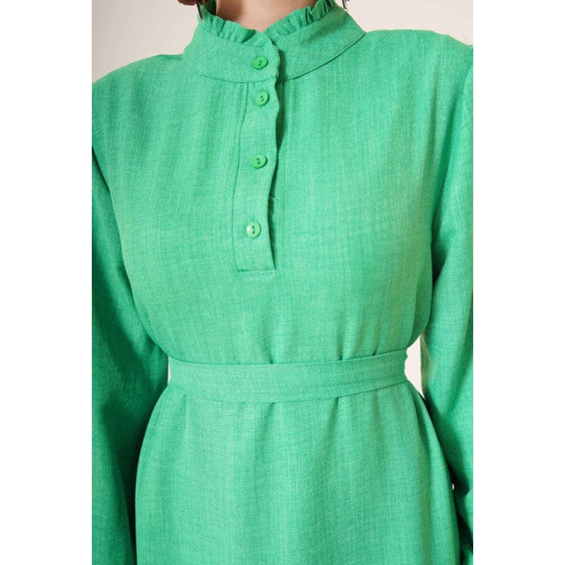 Ruffle Detailed Collar Button Dress Green