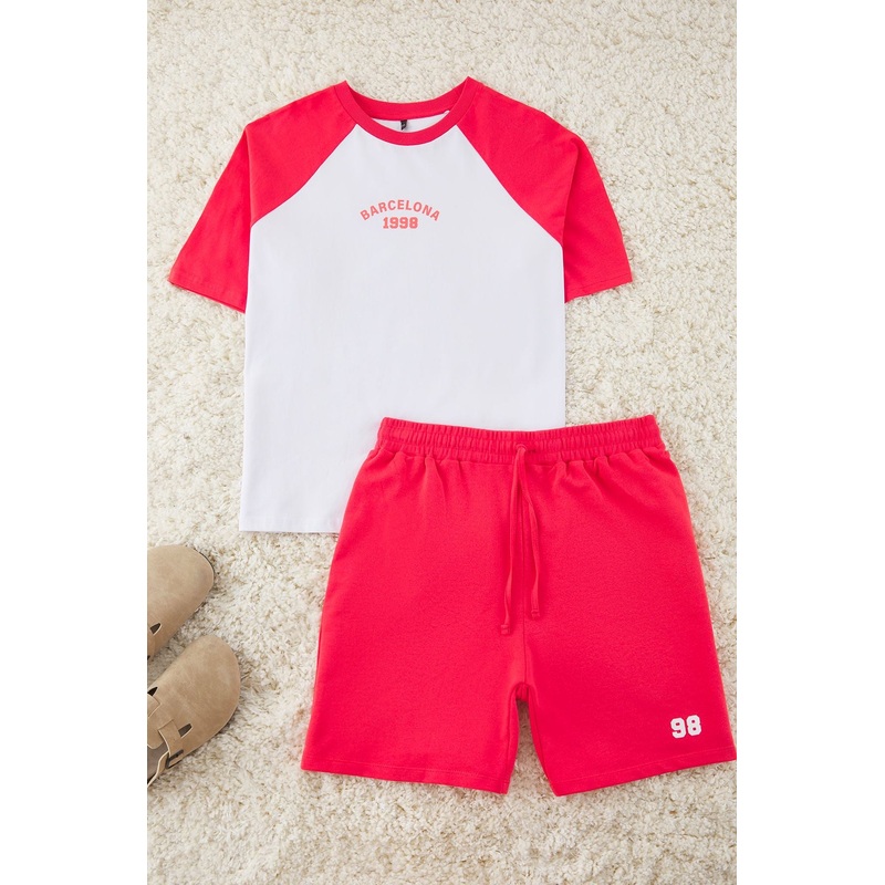 Curve Women's Pink Slogan Short Casual/daily Regular Plus Size Top And Bottom Set