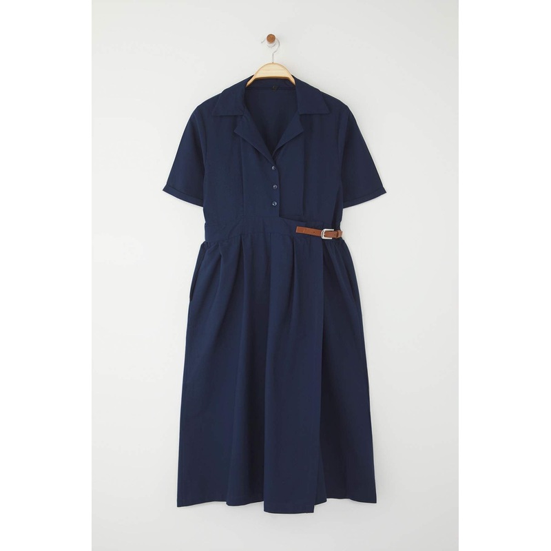 Curve Women's Navy Blue Straight Midi Short Casual/daily Relaxed Fit Plus Size Dress