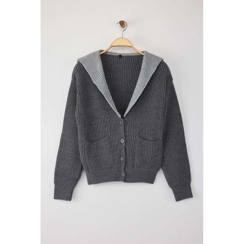 Women's Gray Color Block Long Regular Cardigan