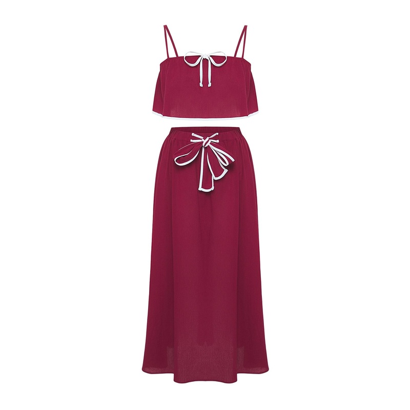 Women's Burgundy Straight Three Quarter Sleeve Beachwear Oversized Two Piece Sets