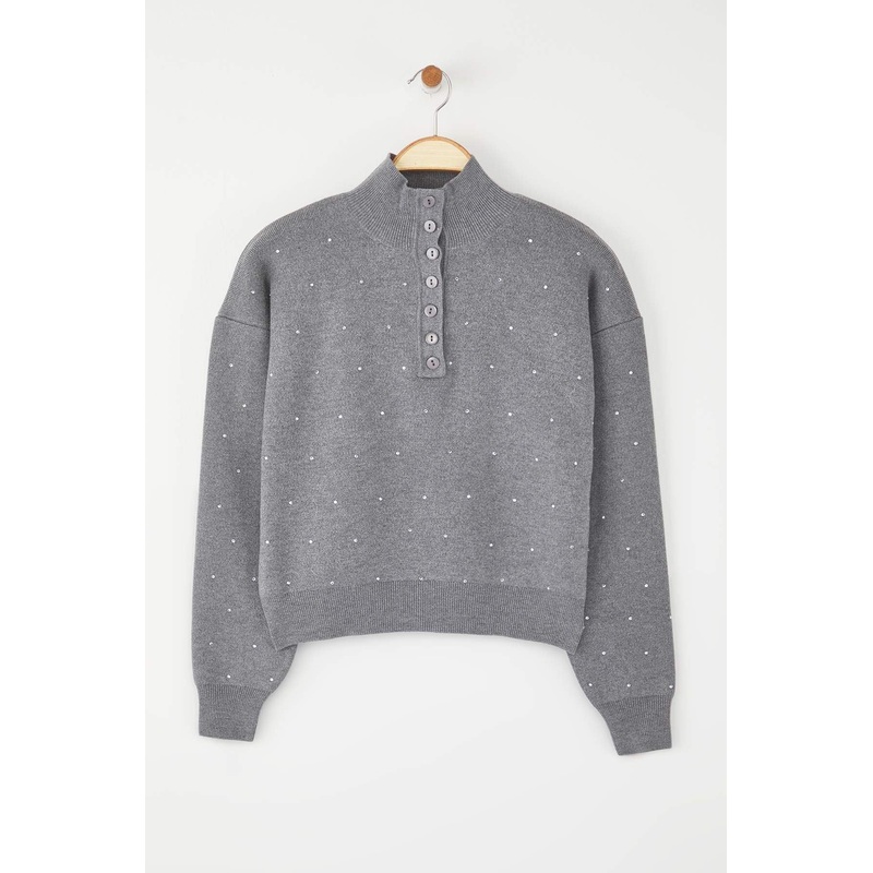 Women's Gray Bestickt/verziert Long Regular Sweater