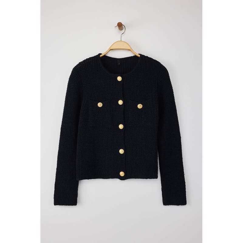 Women's Navy Blue Textured Long Regular Cardigan