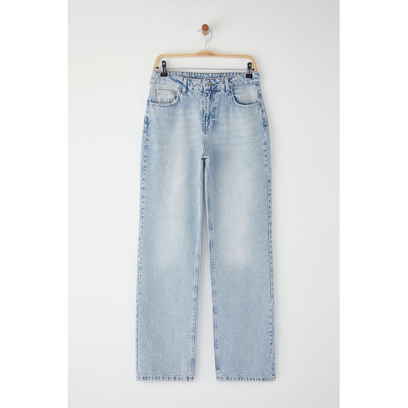 Women's Blue Straight Wide Leg Low Waist Jeans