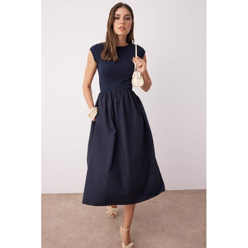 Women's Navy Blue Straight Midi Short Casual/daily Skater Dress