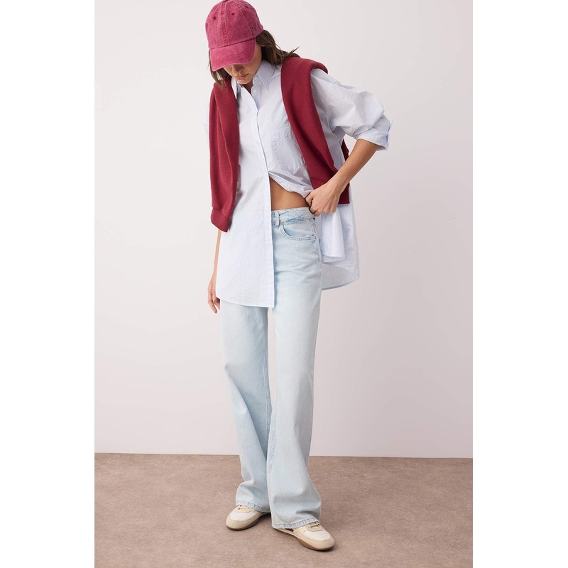 Women's Navy Blue Straight Wide Leg Low Waist Jeans