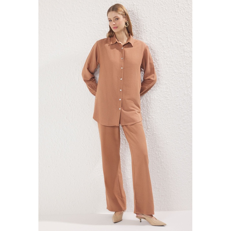 Modest Women's Brown Straight Long Casual/daily Regular Hijab Top - Bottom Set